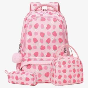 NWOT Charming Pink Strawberry Kids Backpack, lunch bag, pencil case
